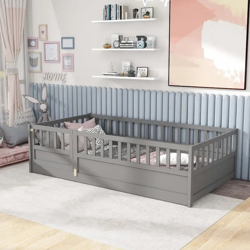 Lit au sol pour enfant avec cadre clôturé – Grand lit double et lit simple