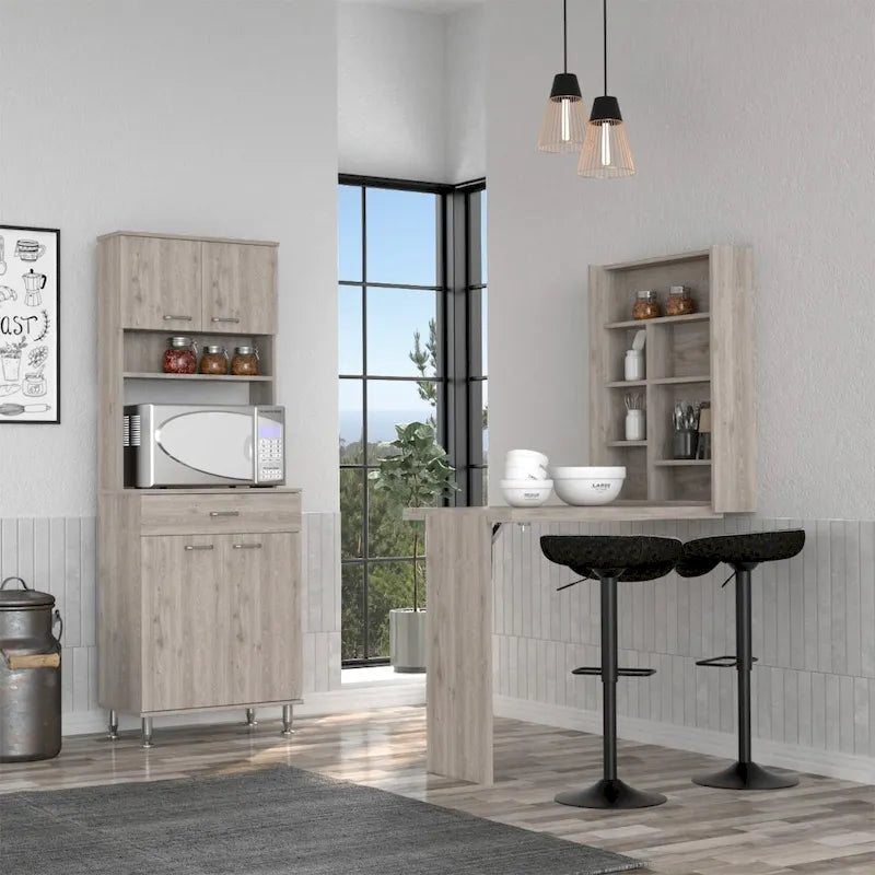 Ensemble de cuisine 2 pièces 4 portes 1 tiroir avec armoire de rangement et table pliante murale, gris clair