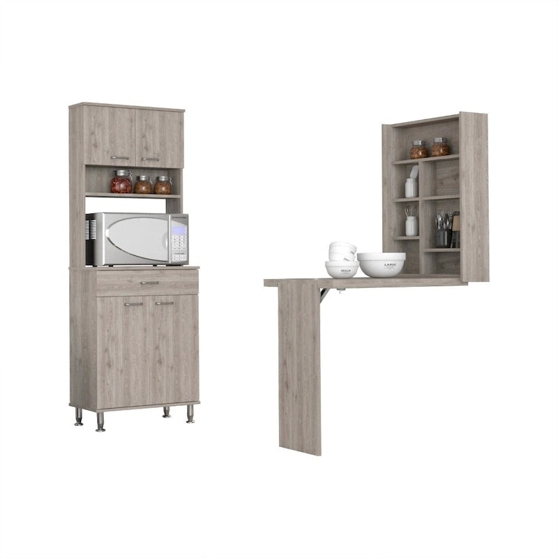 Ensemble de cuisine 2 pièces 4 portes 1 tiroir avec armoire de rangement et table pliante murale, gris clair