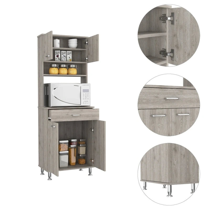 Ensemble de cuisine 2 pièces 4 portes 1 tiroir avec armoire de rangement et table pliante murale, gris clair