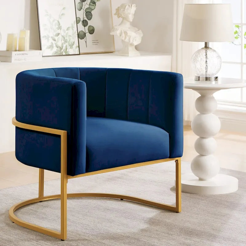 Fauteuil d'appoint en velours avec dossier incurvé et base en métal