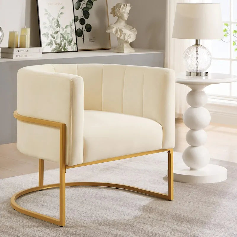 Fauteuil d'appoint en velours avec dossier incurvé et base en métal