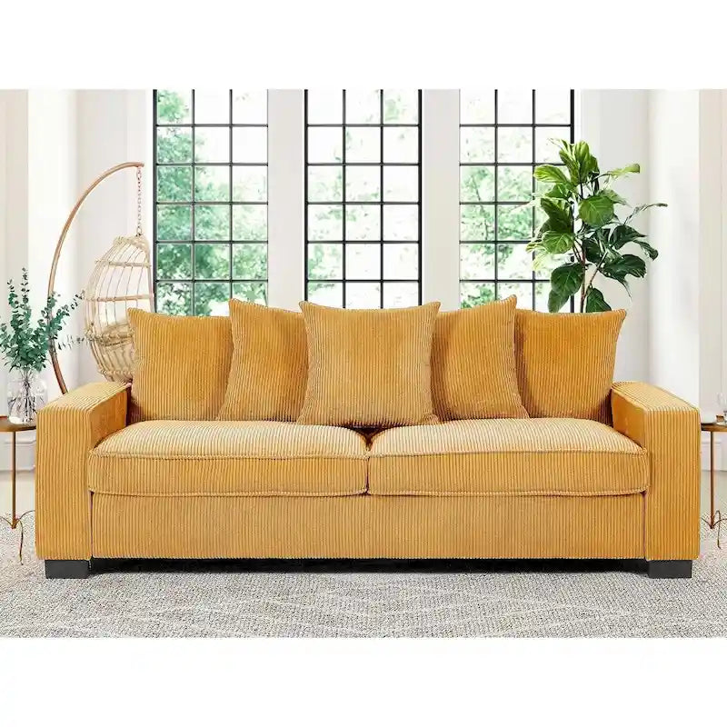 Canapé 3 places en velours côtelé avec 5 coussins décoratifs – Grands accoudoirs carrés, coussins semi-fermes