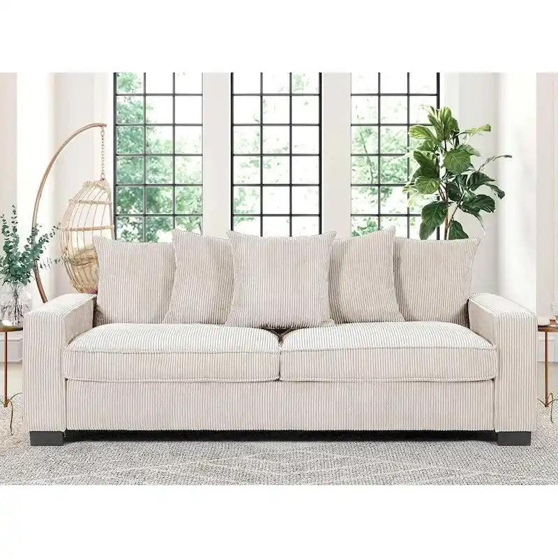 Canapé 3 places en velours côtelé avec 5 coussins décoratifs – Grands accoudoirs carrés, coussins semi-fermes