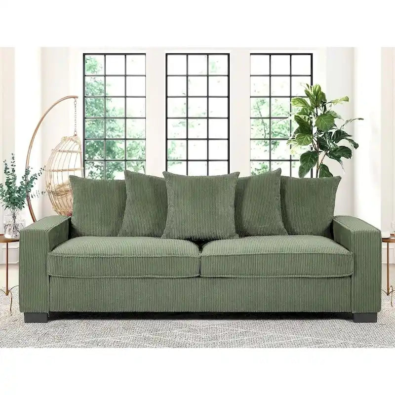 Canapé 3 places en velours côtelé avec 5 coussins décoratifs – Grands accoudoirs carrés, coussins semi-fermes
