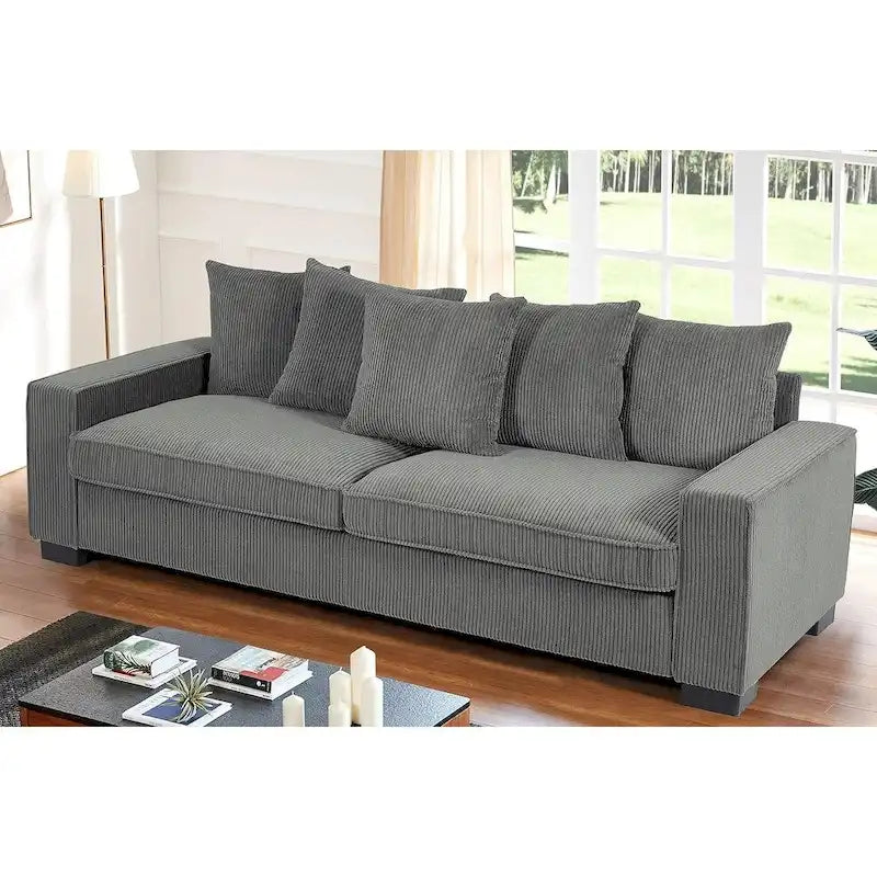 Canapé 3 places en velours côtelé avec 5 coussins décoratifs – Grands accoudoirs carrés, coussins semi-fermes