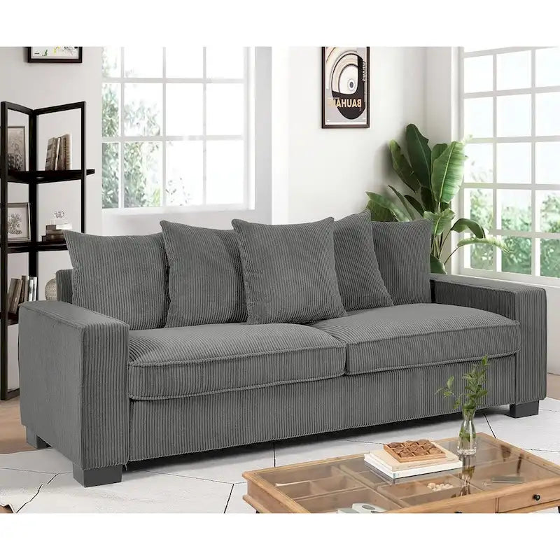 Canapé 3 places en velours côtelé avec 5 coussins décoratifs – Grands accoudoirs carrés, coussins semi-fermes