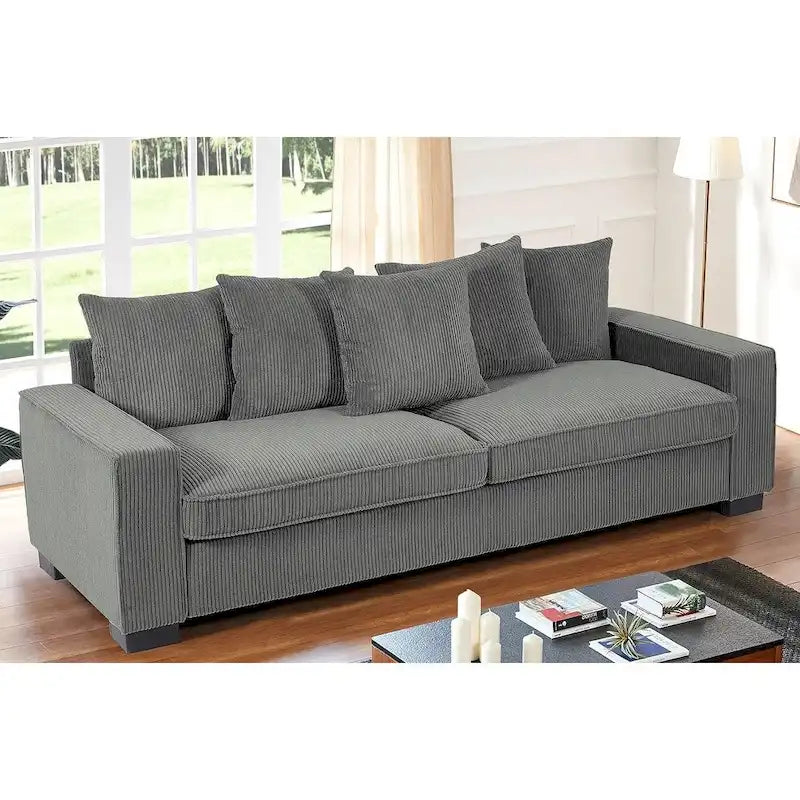 Canapé 3 places en velours côtelé avec 5 coussins décoratifs – Grands accoudoirs carrés, coussins semi-fermes