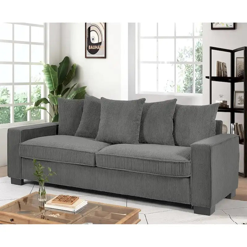 Canapé 3 places en velours côtelé avec 5 coussins décoratifs – Grands accoudoirs carrés, coussins semi-fermes