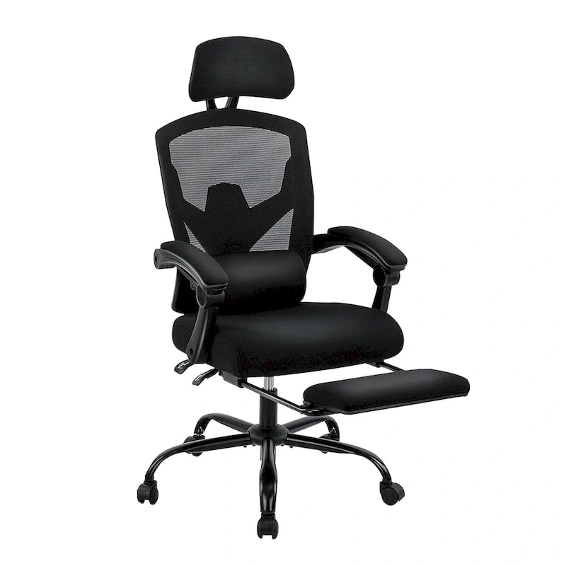 Fauteuil de bureau ergonomique à dossier haut en maille avec support lombaire et repose-pieds escamotable