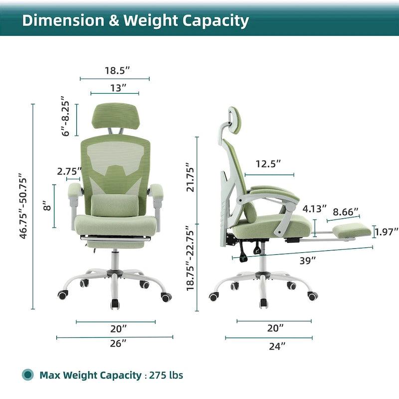 Fauteuil de bureau ergonomique à dossier haut en maille avec support lombaire et repose-pieds escamotable