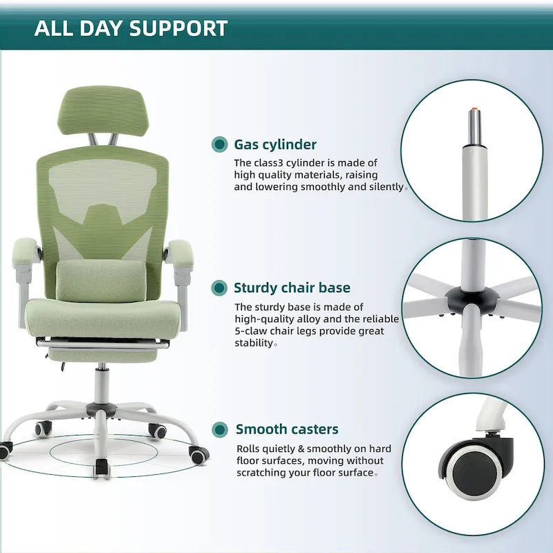 Fauteuil de bureau ergonomique à dossier haut en maille avec support lombaire et repose-pieds escamotable