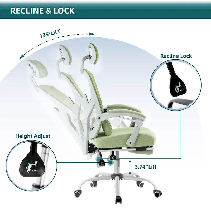 Fauteuil de bureau ergonomique à dossier haut en maille avec support lombaire et repose-pieds escamotable