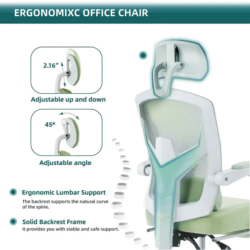 Fauteuil de bureau ergonomique à dossier haut en maille avec support lombaire et repose-pieds escamotable