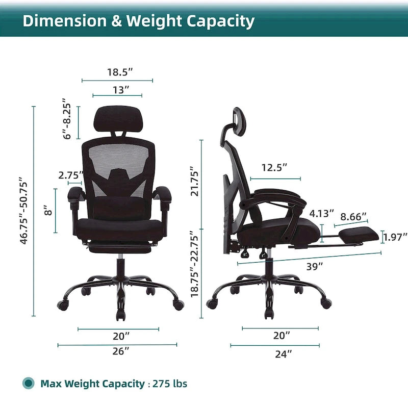 Fauteuil de bureau ergonomique à dossier haut en maille avec support lombaire et repose-pieds escamotable
