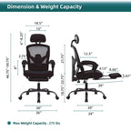 Fauteuil de bureau ergonomique à dossier haut en maille avec support lombaire et repose-pieds escamotable