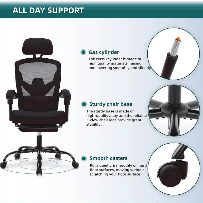 Fauteuil de bureau ergonomique à dossier haut en maille avec support lombaire et repose-pieds escamotable