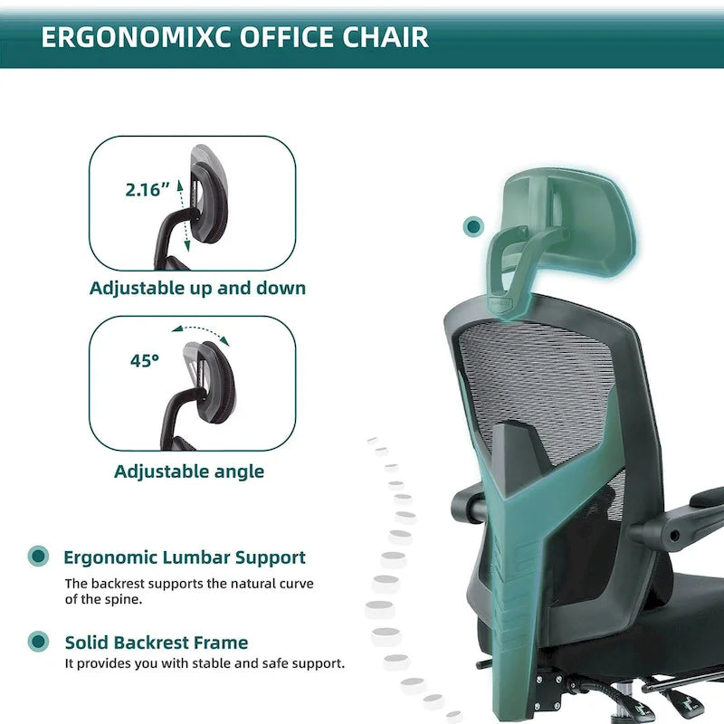 Fauteuil de bureau ergonomique à dossier haut en maille avec support lombaire et repose-pieds escamotable
