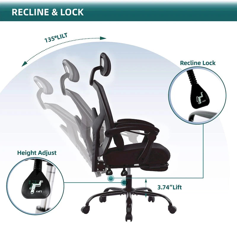 Fauteuil de bureau ergonomique à dossier haut en maille avec support lombaire et repose-pieds escamotable