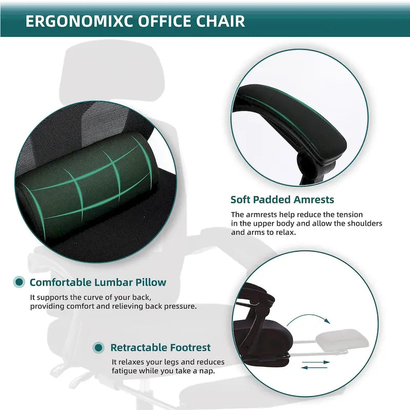 Fauteuil de bureau ergonomique à dossier haut en maille avec support lombaire et repose-pieds escamotable