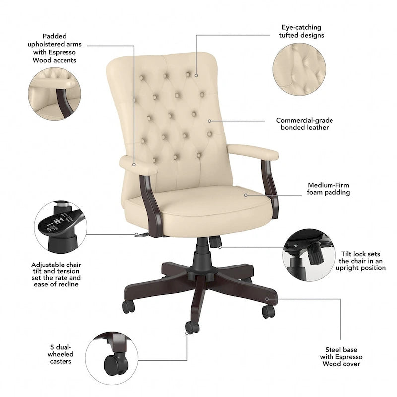 Chaise de bureau capitonnée à dossier haut avec accoudoirs