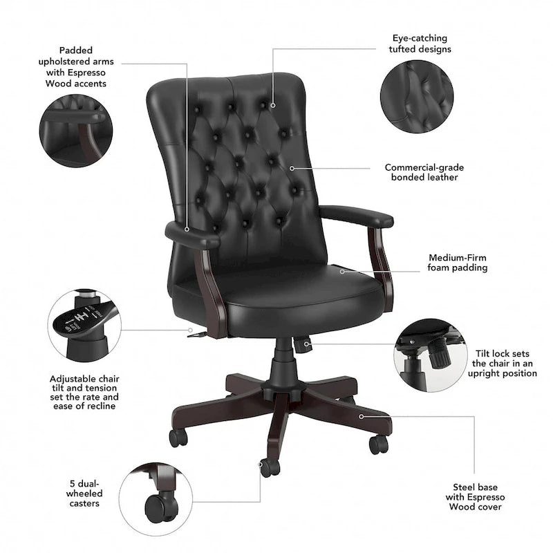 Chaise de bureau capitonnée à dossier haut avec accoudoirs