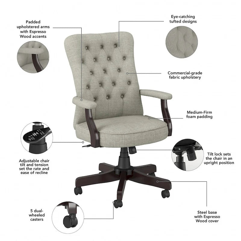 Chaise de bureau capitonnée à dossier haut avec accoudoirs
